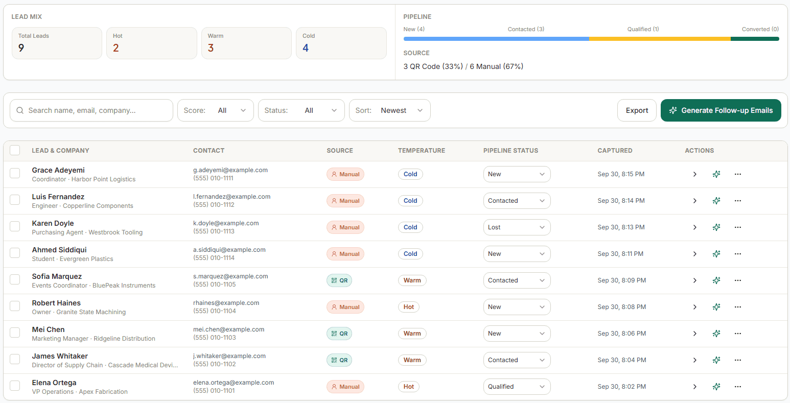 Boothlyo leads table showing each lead's temperature (hot, warm, or cold), pipeline status, capture source, and contact details