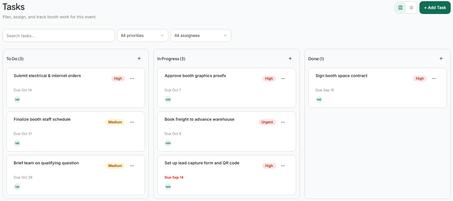 Boothlyo task board with To Do, In Progress, and Done columns showing task priorities, owners, due dates, and an overdue task