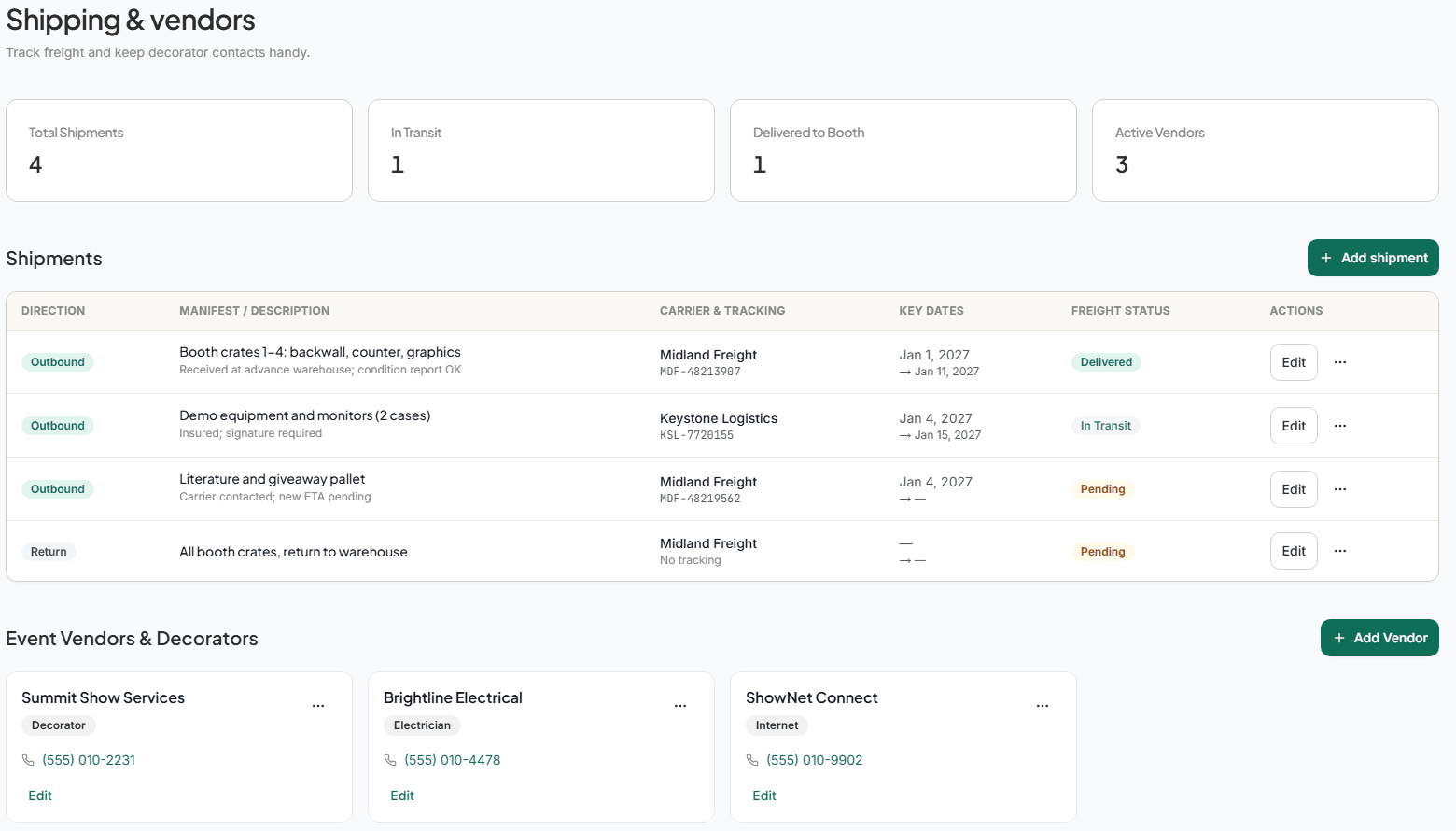 Boothlyo shipping tab listing outbound and return shipments with carrier, tracking number, key dates, freight status, and show vendor contacts