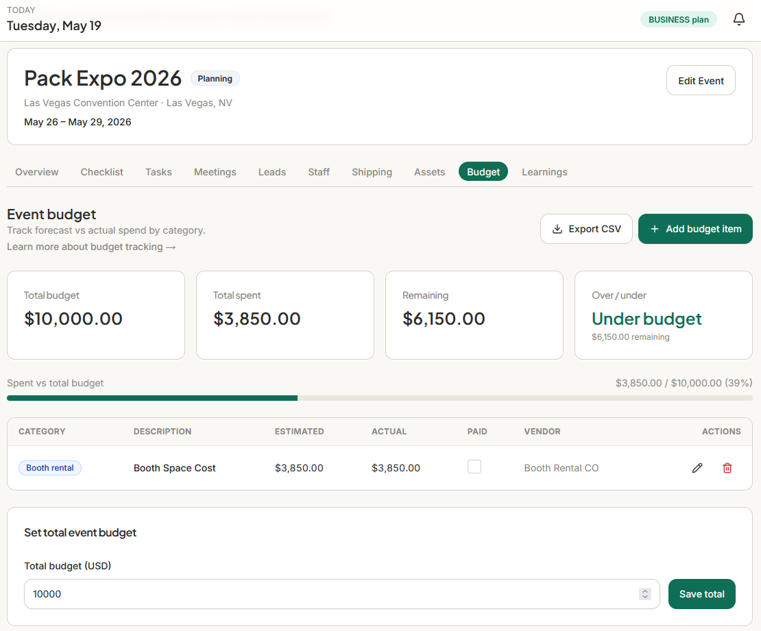 Budget Tracking — Boothlyo trade show management software