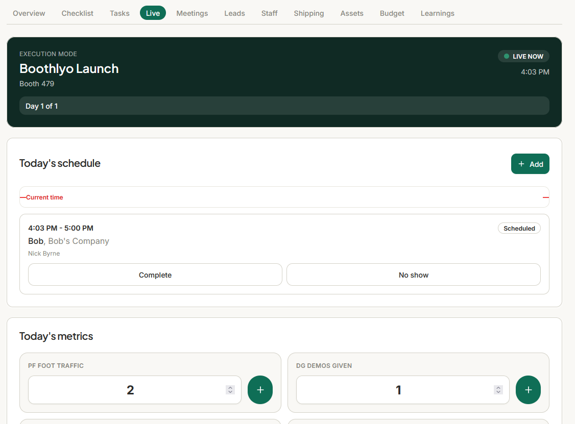 Live Booth Dashboard — Boothlyo trade show management software